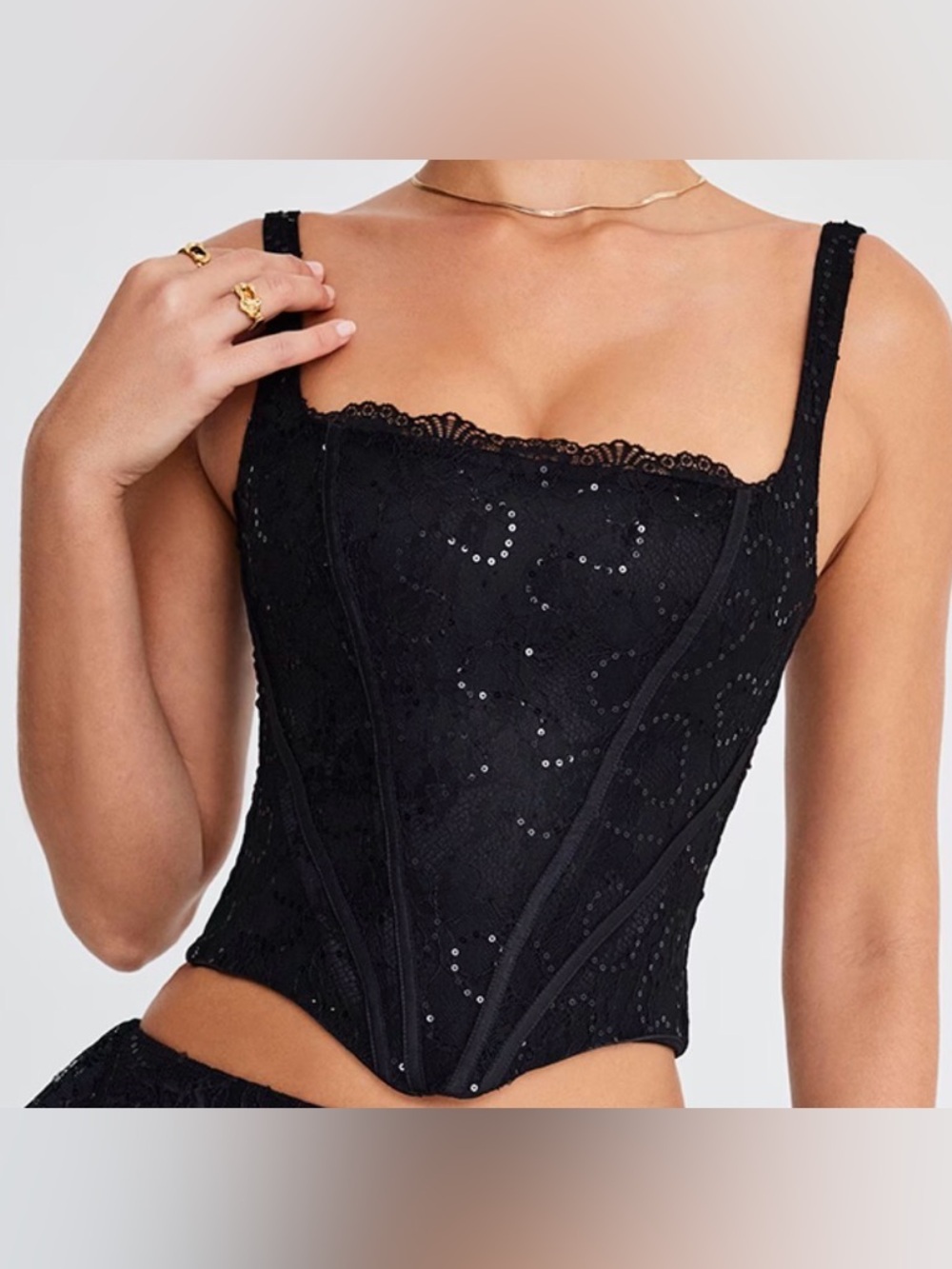 Felina Black Lace Sequin Corset Bandeau Top